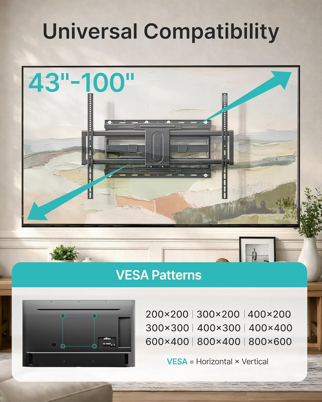 Pegzone Full Motion TV Wall Mount for 43-100 Inch TVs up to 176lbs, 25.2" Extension, Swivel Heavy Duty TV Bracket, Sliding Dual Arms for Off-Center Studs, Fits 16"/ 18" /24" Wood Studs, VESA 800x600