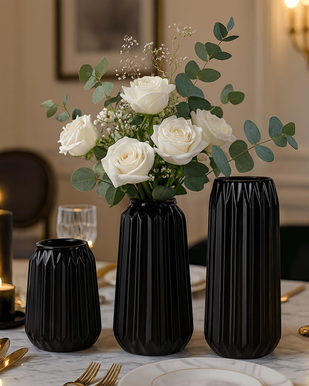 Black Ceramic Vases Set of 3 – Modern Ribbed Vase Centerpieces for Pampas Grass, Eucalyptus, Dried or Fresh Flowers, Minimalist Home Decor for Living Room, Bookshelf, Table & Office