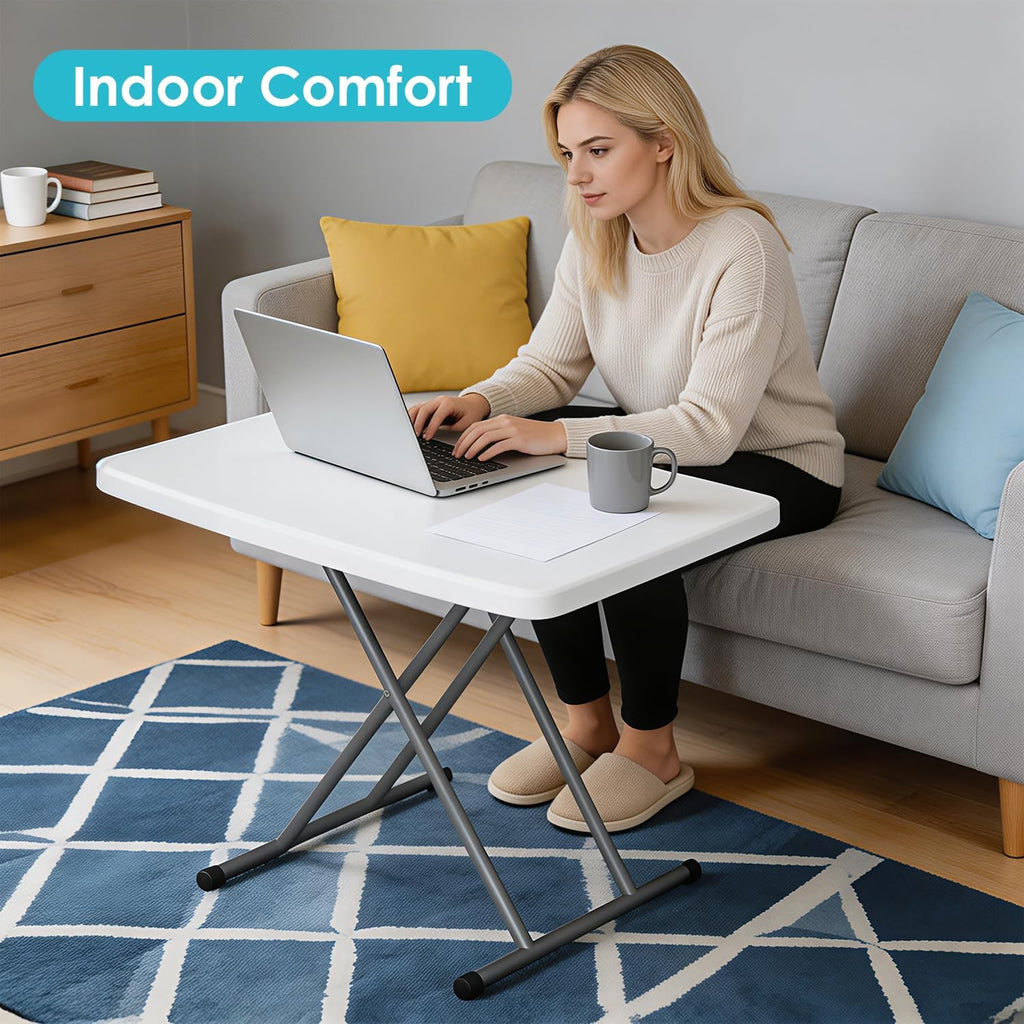 FDW 30 Inch Folding Table, Utility Foldable Table for Small Spaces, Small Desk Adjustable Height TV Tray for Laptop, Couch, Camping, No Assembly Required, White