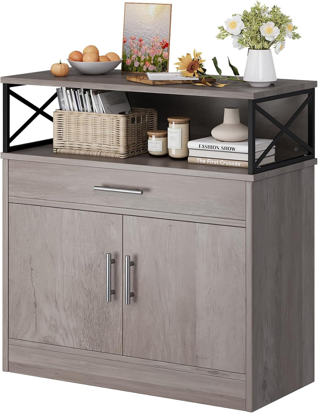 Vongrasig Farmhouse Coffee Bar Cabinet, Modern Sideboard Buffet Table with Adjustable Shelf, Storage Cabinet for Kitchen, Dining Room, Ash Grey