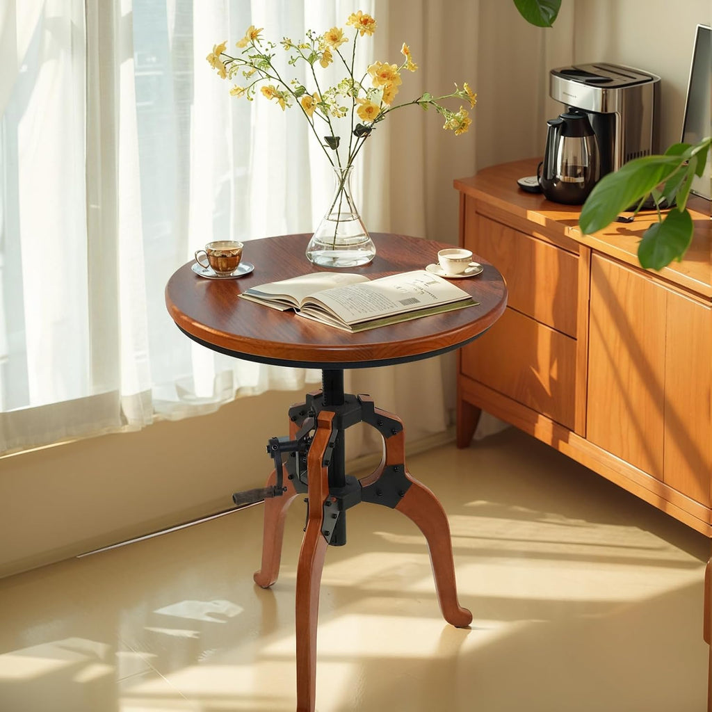 LOKKHAN Industrial Vintage Side Table, 23.62" Solid Wood Round Tabletop, 26-31.9" Height Adjustable with Lift Rocker Mechanism, Sturdy Shaft & Triangular Wood Base, Multi-Functional
