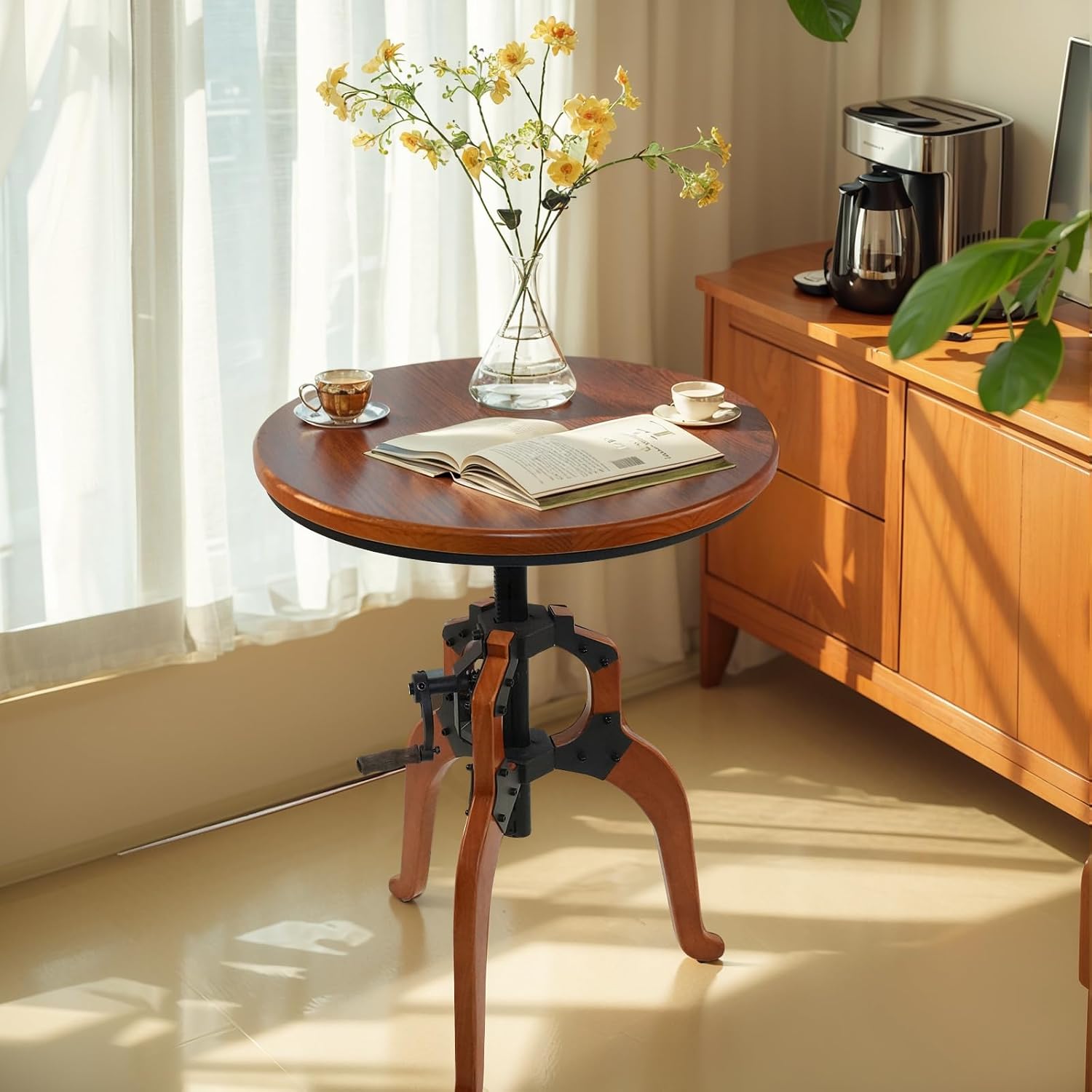 LOKKHAN Industrial Vintage Side Table, 23.62" Solid Wood Round Tabletop, 26-31.9" Height Adjustable with Lift Rocker Mechanism, Sturdy Shaft & Triangular Wood Base, Multi-Functional