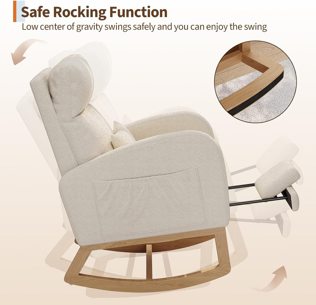 GarveeHome Rocking Chair, Nursery Glider Chair with Footrest, White | Modern Teddy Fleece Rocking Chair with Side Pocket and Pillow, Rocker Chair for Living Room Bedroom Nursing Room