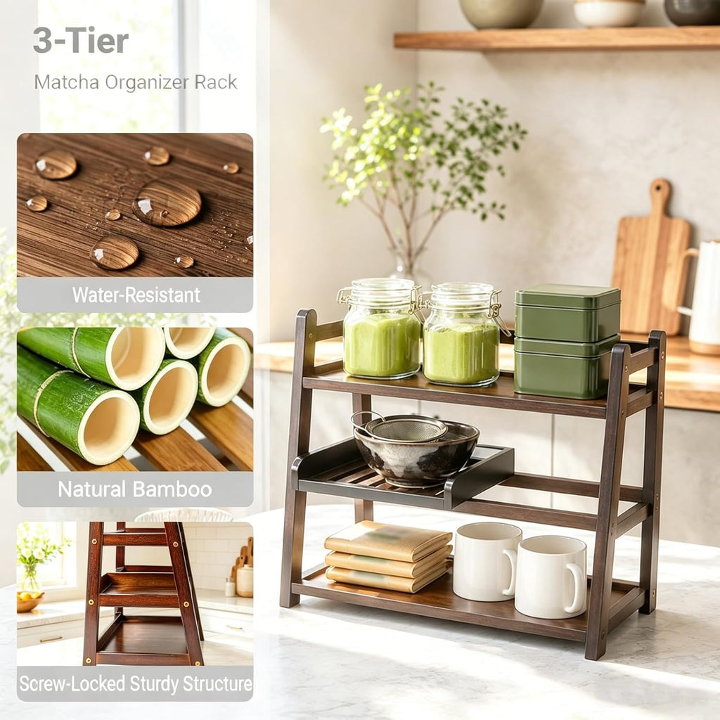 Bamboo 3-Tier Matcha Station, Coffee Organizer & Mug Display for Countertop | brown, solid bamboo structure, 3-tier storage, smooth easy-wipe surface, simple assembly, for kitchen coffee office