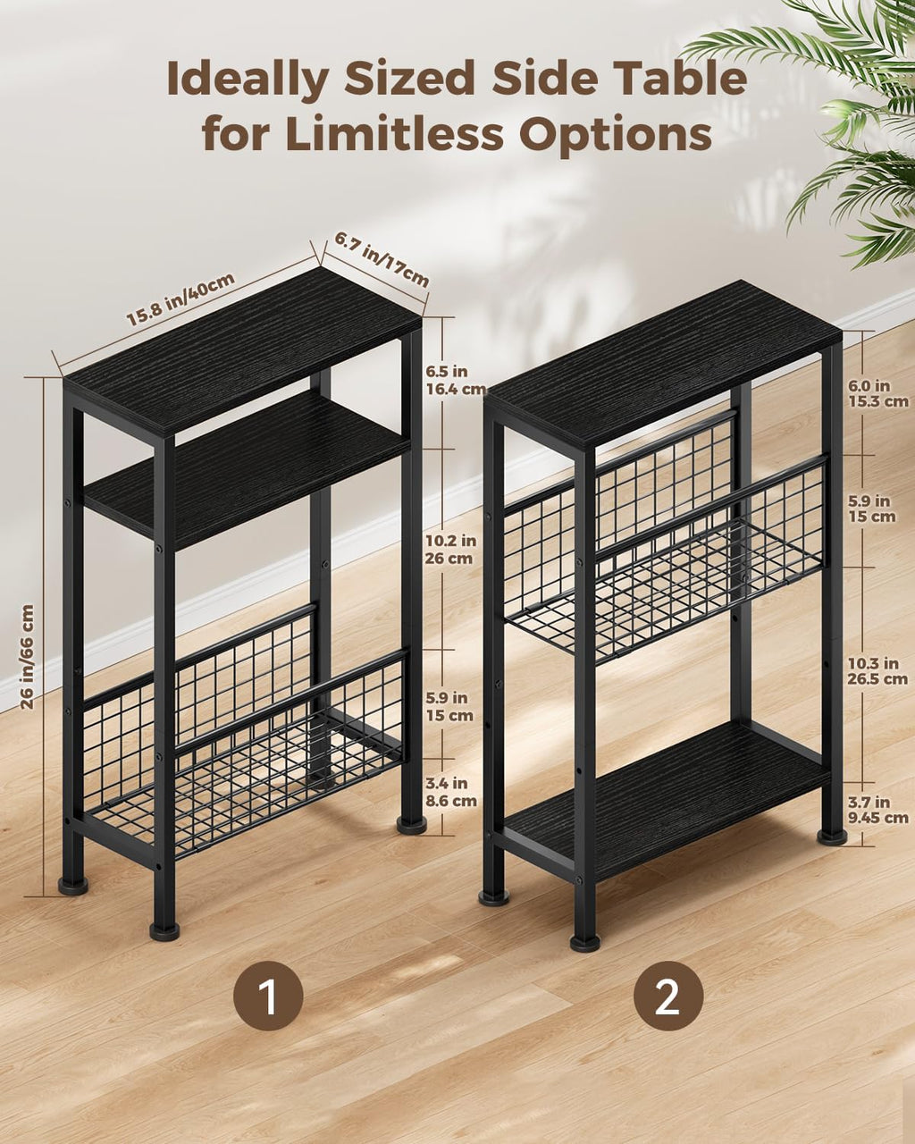 Karii Narrow Side Table, Skinny End Table for Small Spaces with Storage, 3-Tier Slim Wooden Bedside Nightstand Thin Couch Table for Living Room Bedroom Office Dorm Kitchen Bathroom (2, Black)