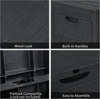 Dark Gray 33 Gal Wood & Rattan Plastic Storage Bench, Outdoor Deck Box, Patio Storage Box for Garden Cushions Tools, Garden Tool Storage Pool Accessory Holder Cushions Lid Side Table Function