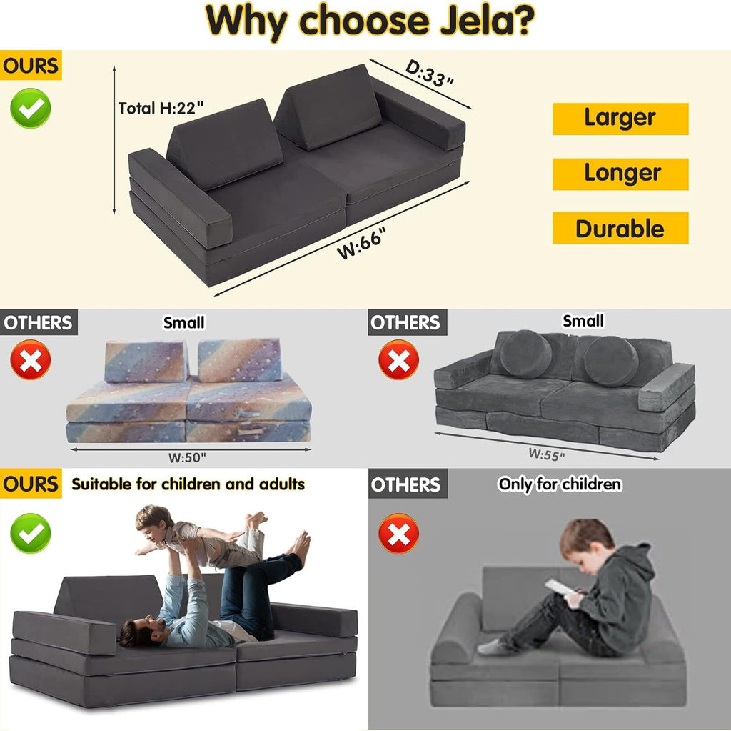 jela Kids Play Couch Extended Size 8PCS for Family, Floor Sofa Modular Funiture for Kids Adults, Playhouse Play Set for Toddlers Babies, Modular Foam Play Couch Indoor 66" x 33" x 22" Navyblue | durable foam
