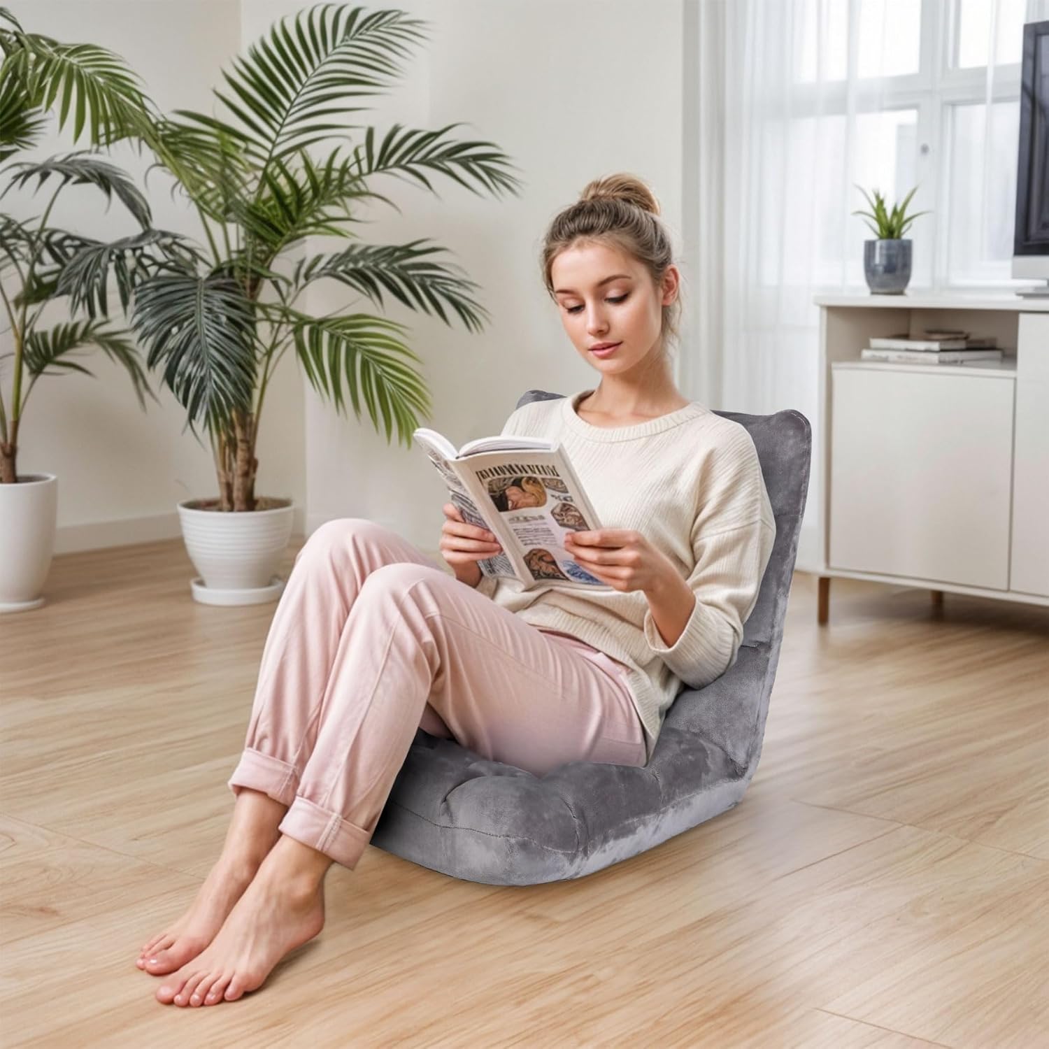 Nouva Adjustable Floor Chair 14-Position Sofa Bed Foldable Cushion Video Gaming Chairs Bean Bag Chair Reading Seating for Adults Kids Teens for Bedroom Living Room Indoor Use,Grey