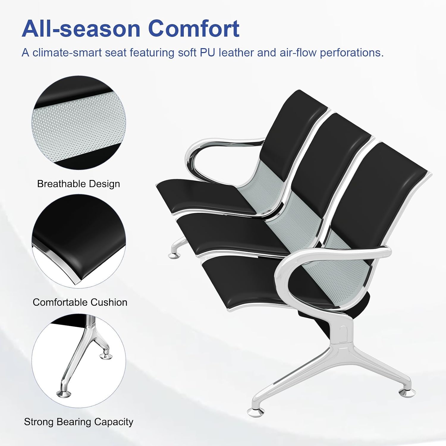 KINTNESS Guest Reception Chairs for Airport Waiting Room Office Chairs Salon Barber Bank Hall Room Conference Airport with Black Leather Cushion 3 Seat Bench Furniture …