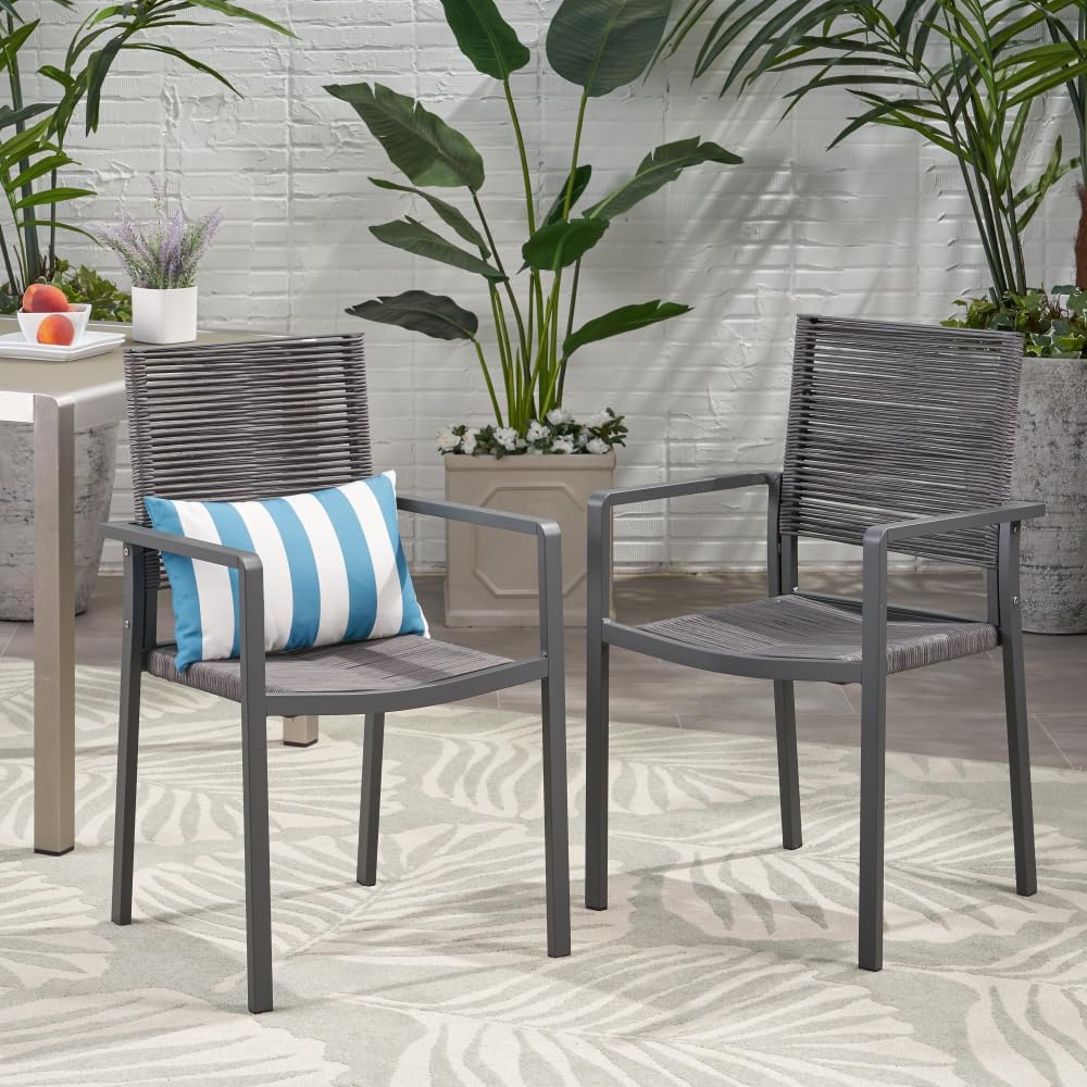 Saiveina Outdoor Modern Aluminum Dining Chair with Rope Seat (Set of 2), Gray and Dark Gray