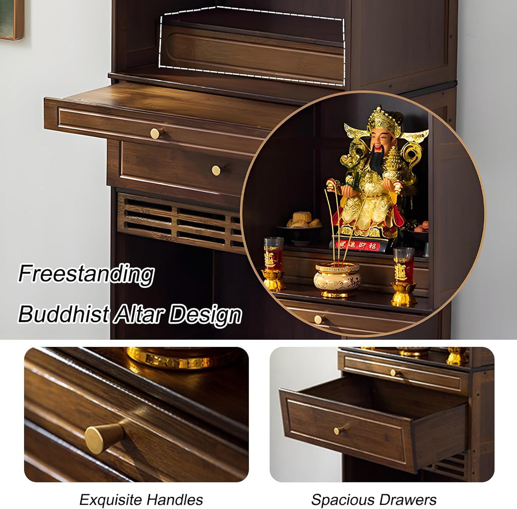 Altar Table, Freestanding Bamboo Storage Cabinet with Drawers, Floor-Standing Wooden Display Table with Shelves, for Living Rooms, Shrines, Temples(Brown,38 * 37 * 172cm/15 * 14.6 * 67.7in)
