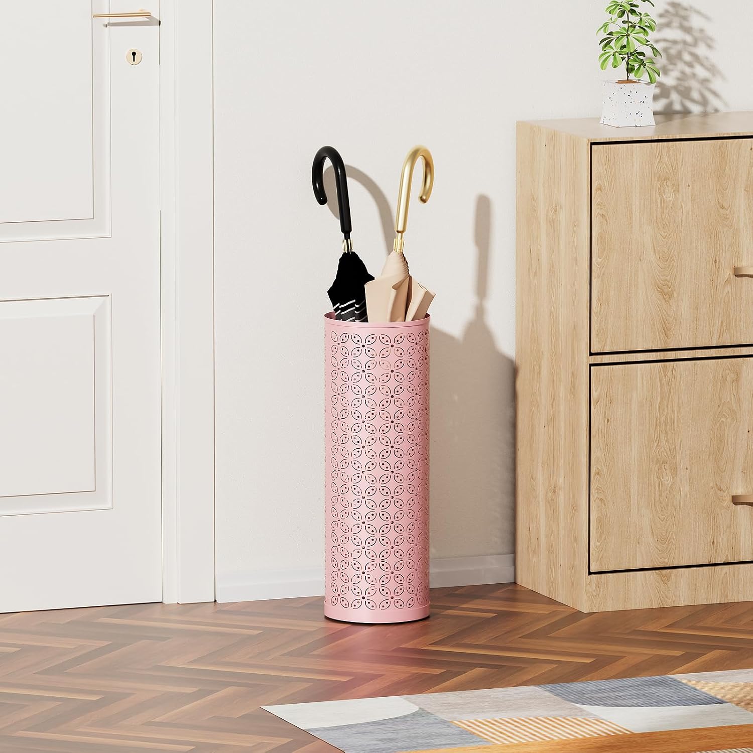 Metal Round Umbrella Stand,Free Standing Umbrella Holder Bin, Canes Walking Sticks Holder for Entryway, Home, Office,Pink