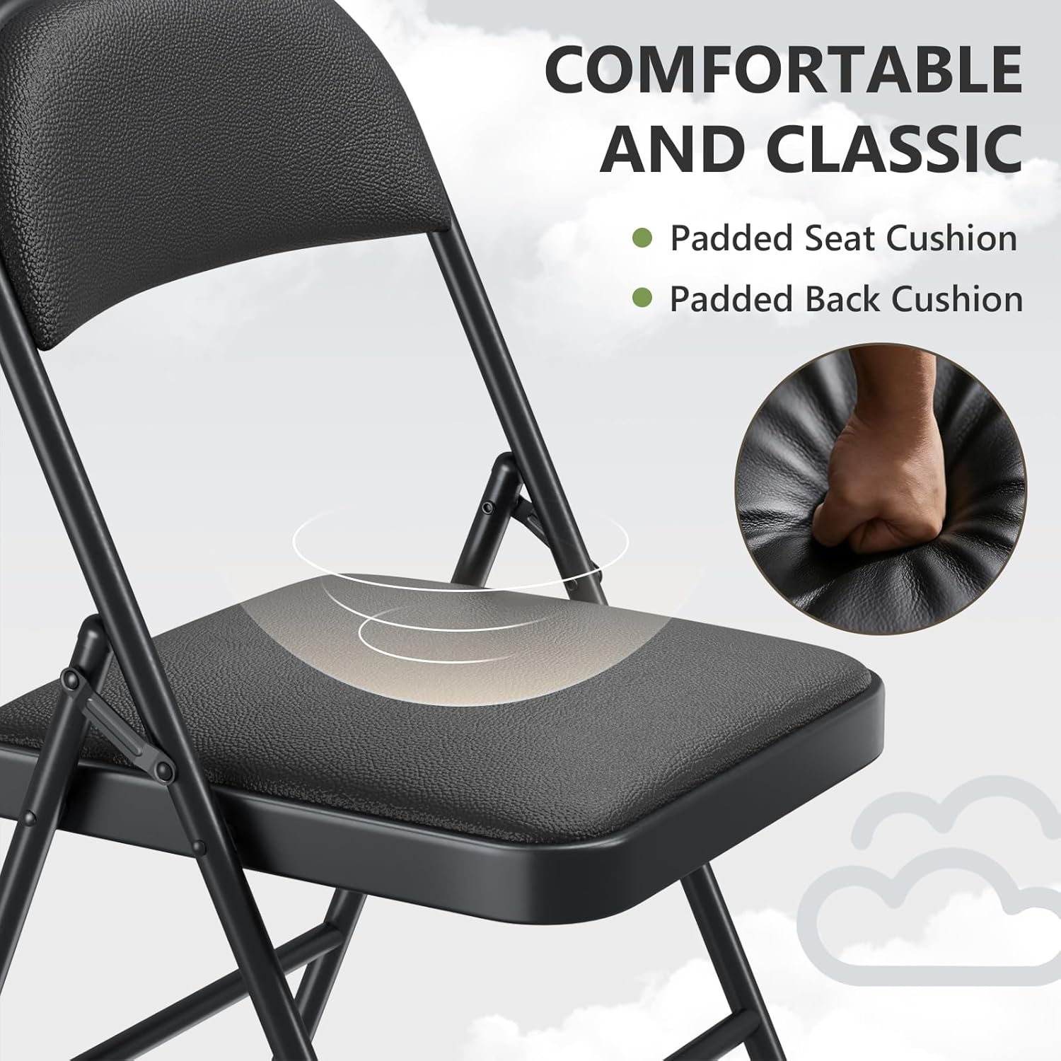 Folding Chair 4 Pack, Comfy PU Leather Padded Folding Chairs for Outside and Indoor, Heavy Duty Portable Foldable Metal Commercial Seat for Home Office, Dorm, Party, Backyard, Lawn, Patio