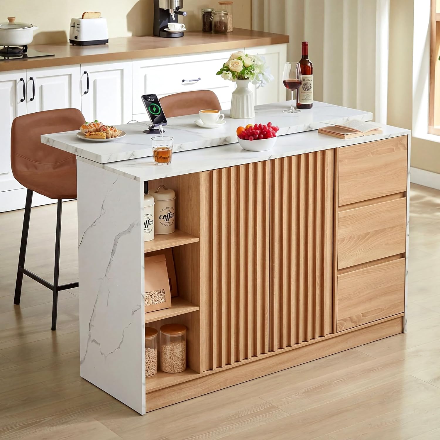 ONBRILL 55" Kitchen Island with Storage, Island Table with Sliding Extendable Countertop, Kitchen Island with Power Outlet for Kitchen, Dining Room, Living Room, White