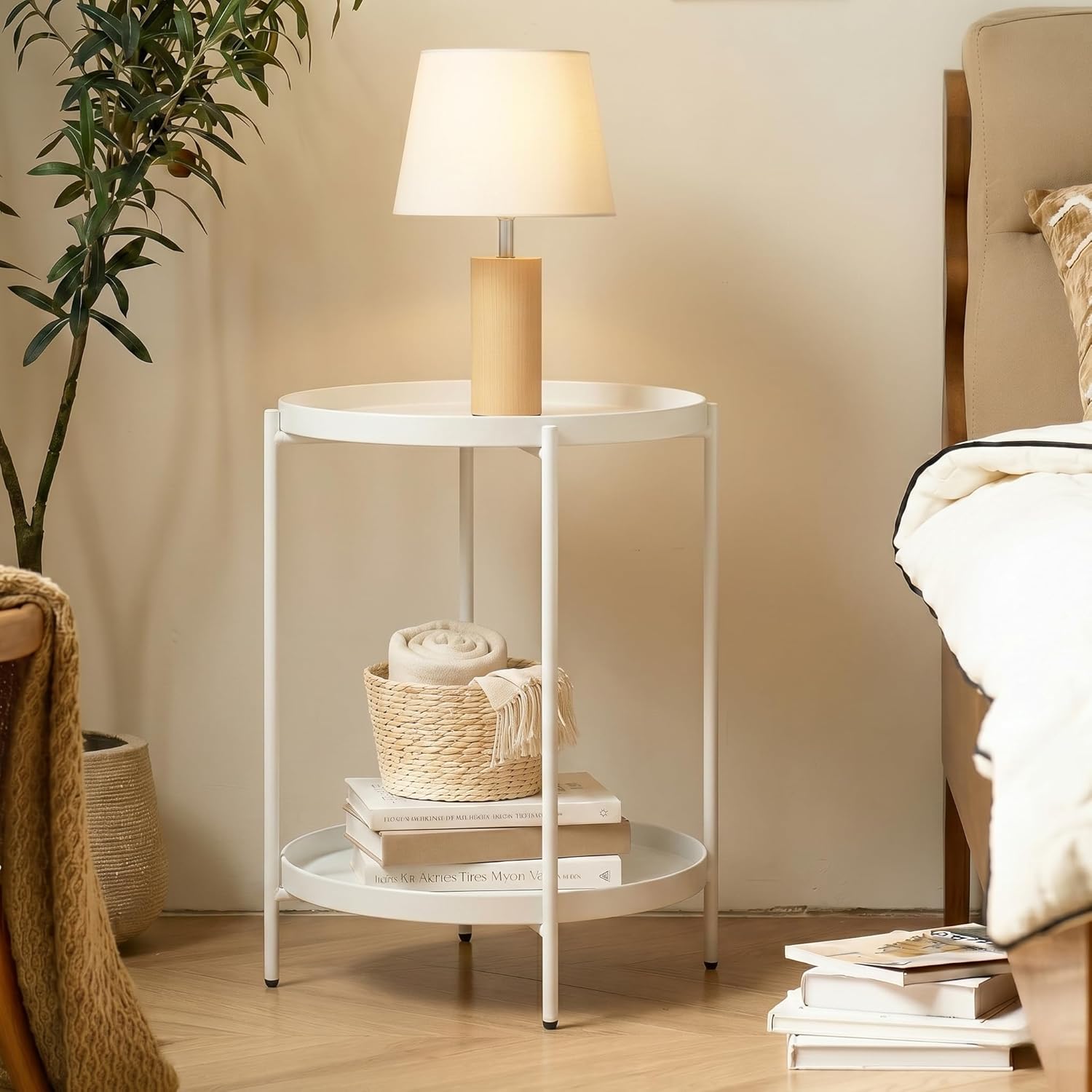 TeoKJ 2 Tier Round Side Table, Folding Round Metal End Table Small Nightstand with Two Removable Tray for Bedroom Living Room Bedside Small Spaces White