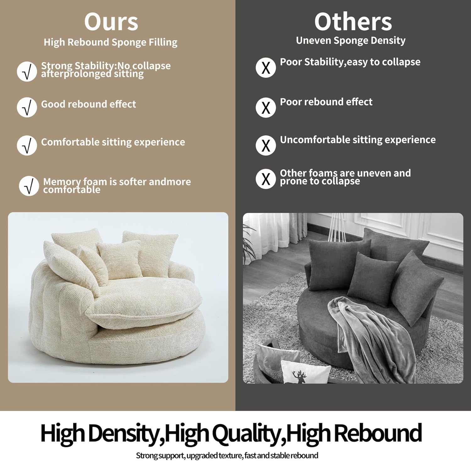 55 inch Oversized Round Chair, Fluffy Chenille Boneless Sofa with Extra Deep Seat for Living Room Lounge (Beige)