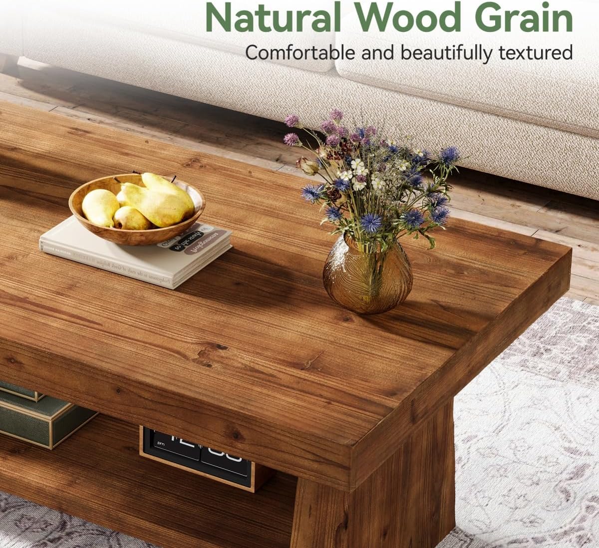 Solid Wood Coffee Table, 47-Inch Farmhouse Wooden Coffee Table for Living Room, 2-Tier Rectangular Center Table with Storage for Apartment, Home Office, Dark Brown