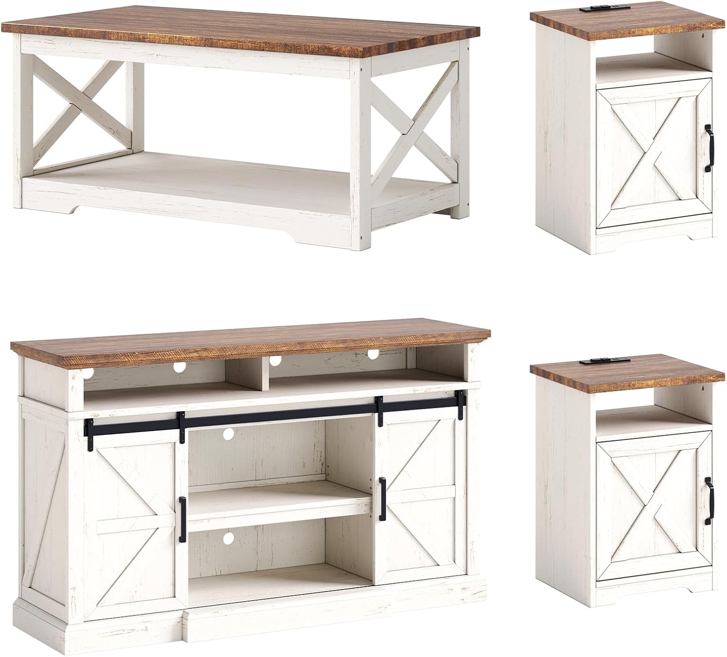 AMERLIFE 4-Piece Farmhouse Living Room Furniture Set with 66" TV Stand, Coffee Table & 2 End Tables, Barn Door Design, Large Storage Shelves, Built-in Charging Station & USB Ports, Distressed White
