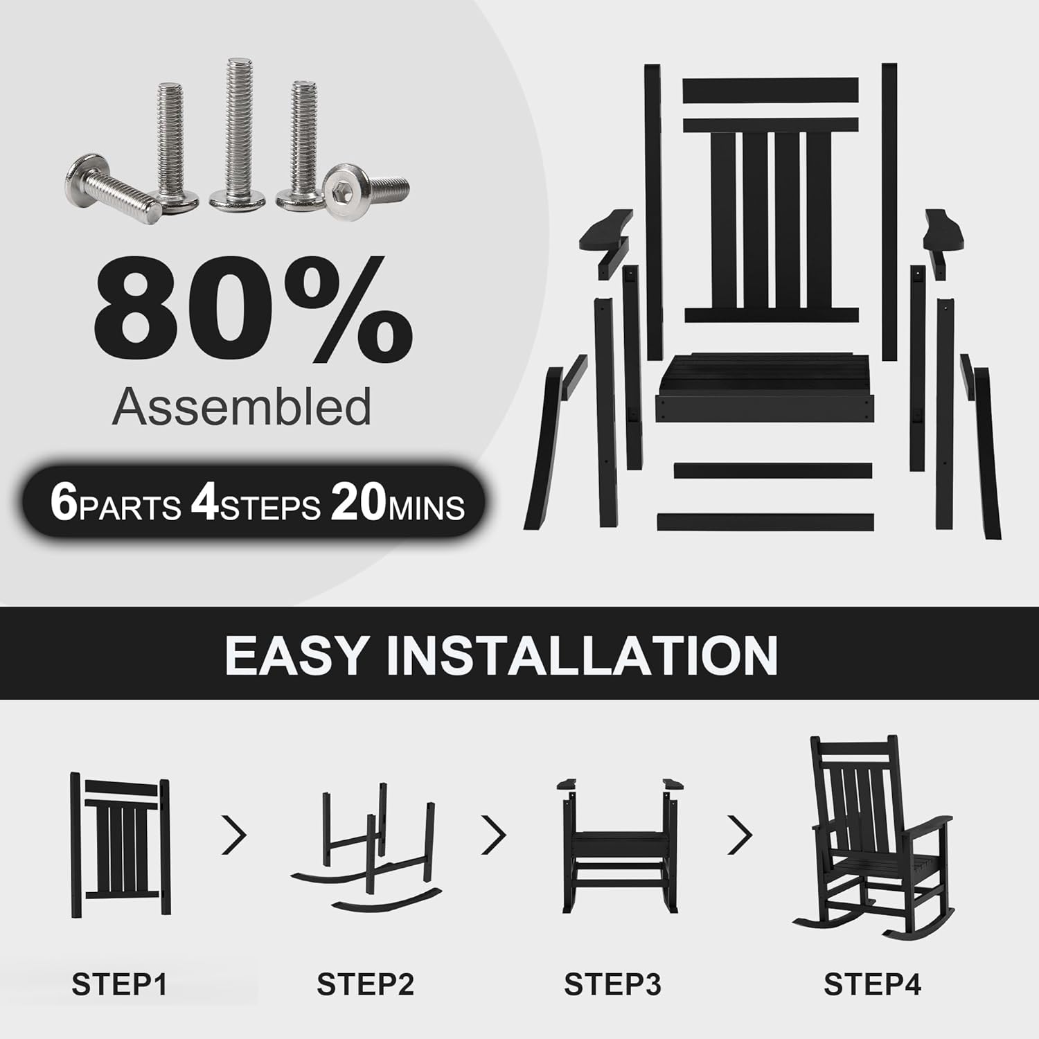 Outdoor HDPE Rocking Chairs, HDPE Oversized Patio Rocking Chairs, All Weather Resistant Porch Rocker, Heavy Duty Front Plastic Rockers for Outside