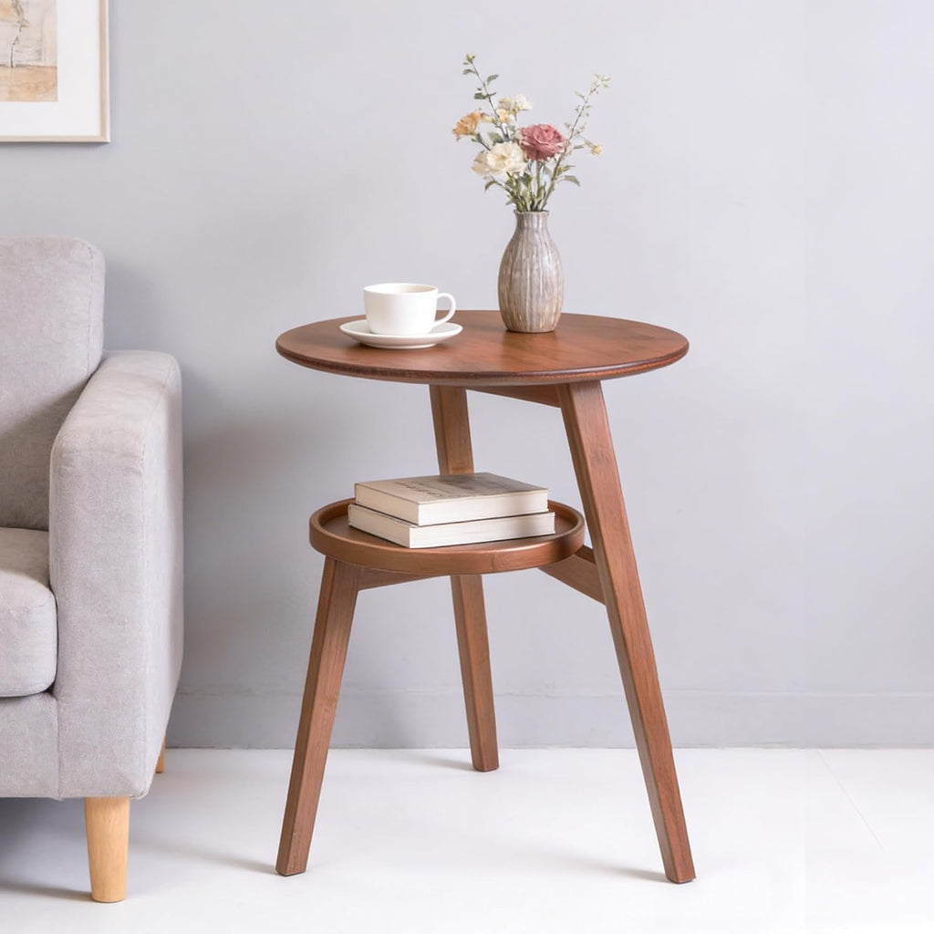 Bamboo Round Side Table, 2-Tier Small Space End Table with Storage Shelf, Mid-Century Modern Rustic Style Narrow Table for Living Room Bedroom Sofa Side