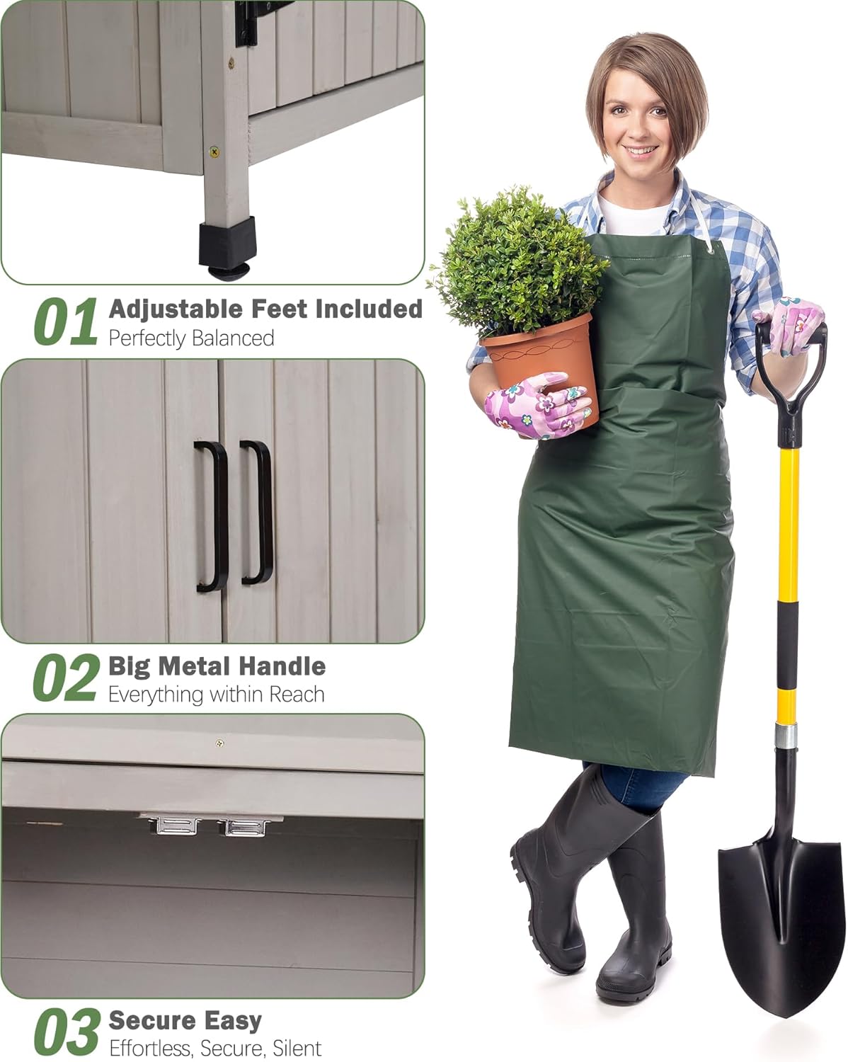 Outdoor Storage Cabinet with Metal Work Top|Waterproof Wooden Potting Bench|Spacious Patio Cabinet with Raised Side Rail for Garden Tools, Backyard,Lawn Gardening|Gray Outdoor Cabinet