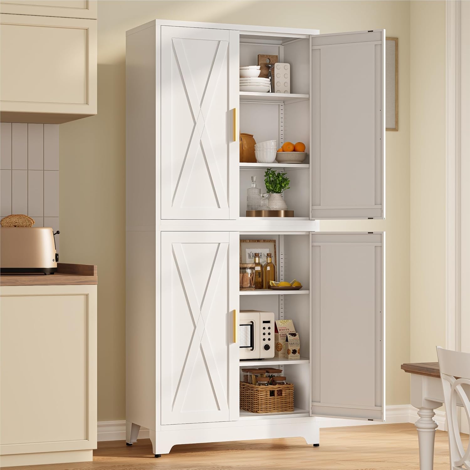 Modular Metal Storage Cabinet,75" White Stackable 2-in-1 Metal Cabinets with 4 Doors & 6 Adjustable Shelves,Freestanding Floor Storage for Kitchen,Home Office Living Room,Dining Room