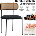 Rattan Dining Chairs Set of 2, Velvet Mid-Century Modern Upholstered Dining Chairs with Woven Cane Backrest, Black Kitchen Dining Room Chairs
