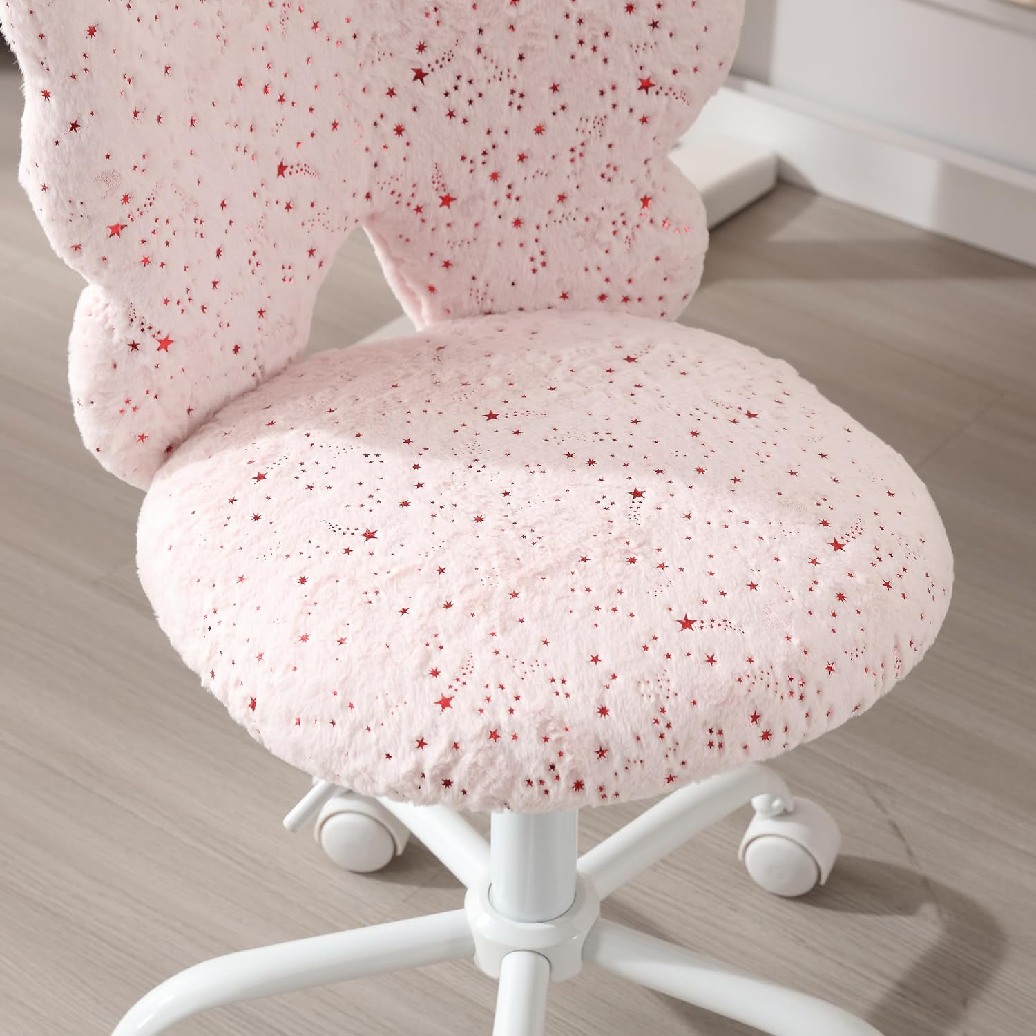 Kmax Kids Desk Chair, Faux Fur Butterfly Chair with Wheels Adjustable Fuzzy Kids Office Chair Cute Swivel Childrens Chair for Bedroom Reading Room - Pink