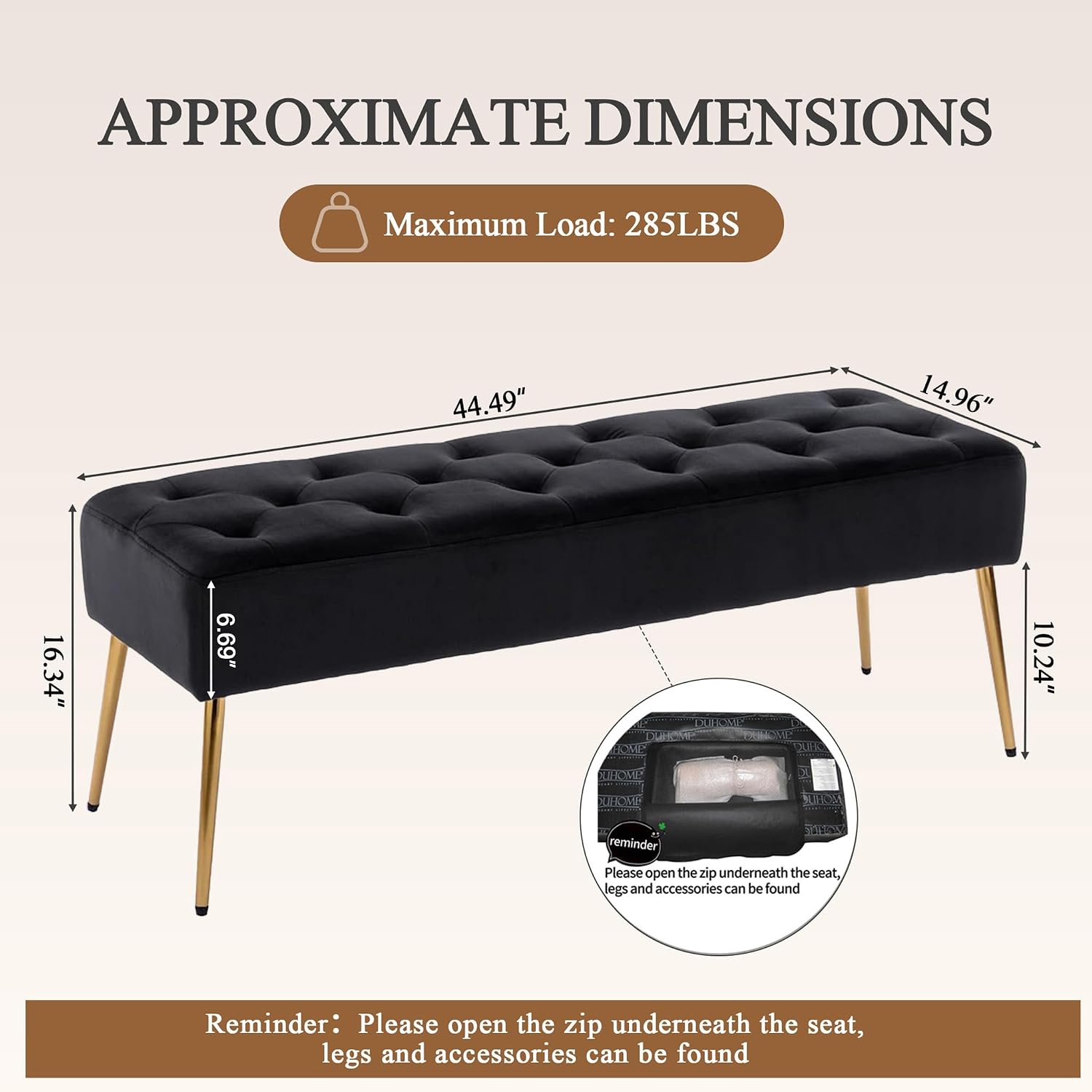 DUHOME Button-Tufted Ottoman Bench, Upholstered Bedroom Benches Velvet Footrest Stool Accent Bench for Entryway Dining Room Living Room Bedroom End of Bed, Black
