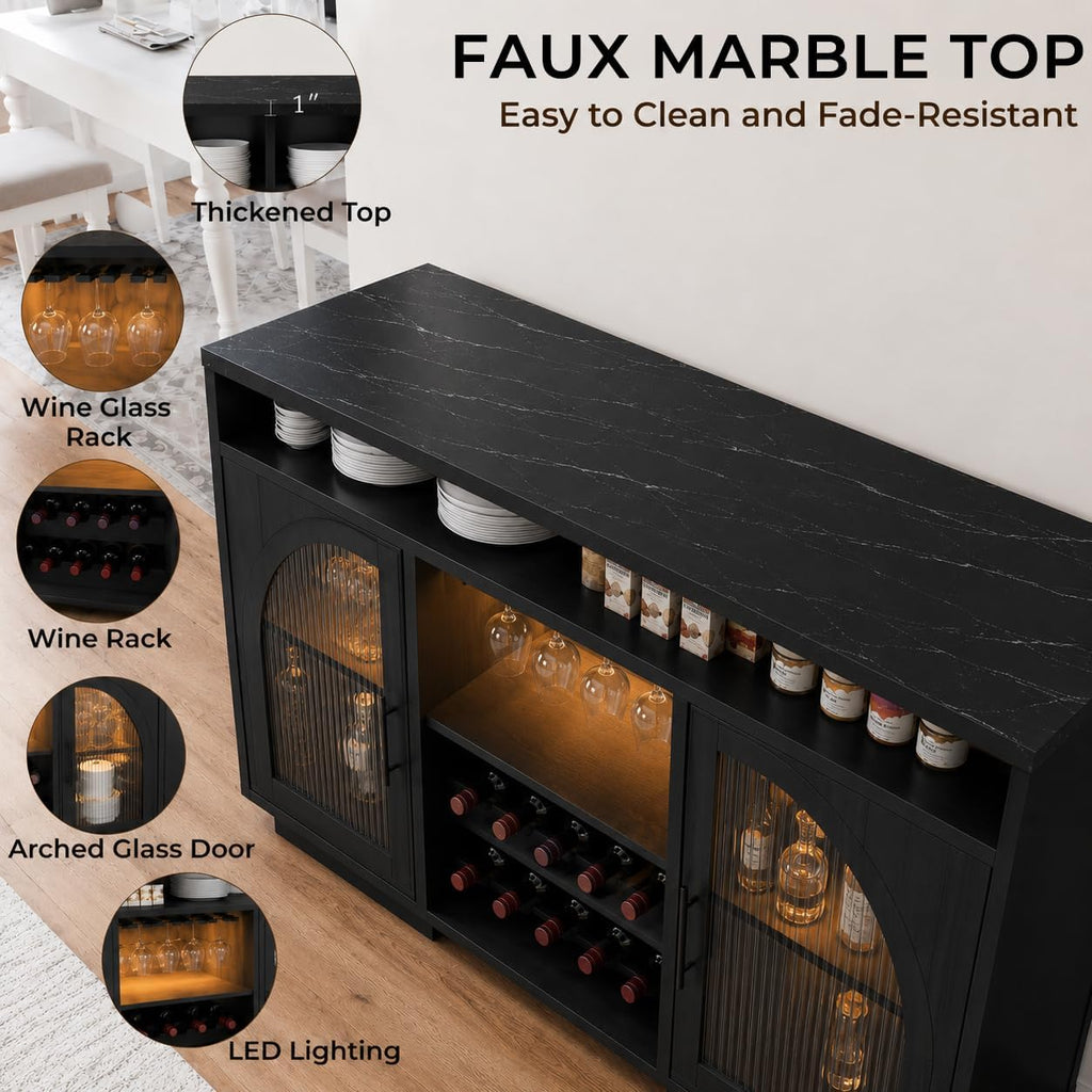 54" Coffee Bar Cabinet with Storage, LED Lights and Arched Glass Doors | Black Wine Bar Cabinet with Wine Rack and Adjustable Shelves, Faux Marble Top for Kitchen, Home Bar, Dining Room, Living Room