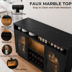 54" Coffee Bar Cabinet with Storage, LED Lights and Arched Glass Doors | Black Wine Bar Cabinet with Wine Rack and Adjustable Shelves, Faux Marble Top for Kitchen, Home Bar, Dining Room, Living Room