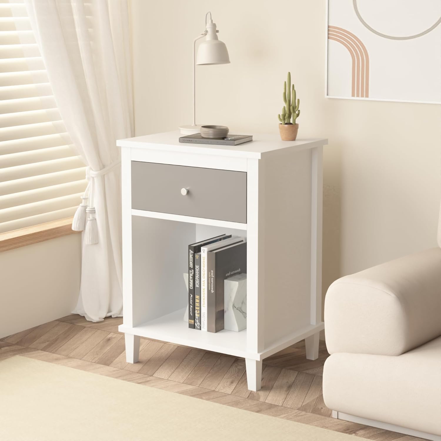 Kids Nightstand with One Drawer Modern Kids Bedside Table with Open Storage Shelf Wood End Side Table Toddler Nightstand for Bedroom Living Room (Grey)