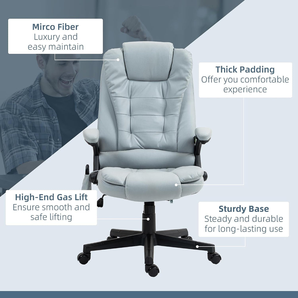 Vinsetto 6 Point Vibrating Massage Office Chair with Heat, Microfiber High Back Executive Office Chair with Reclining Backrest, Padded Armrests and Remote, Light Gray