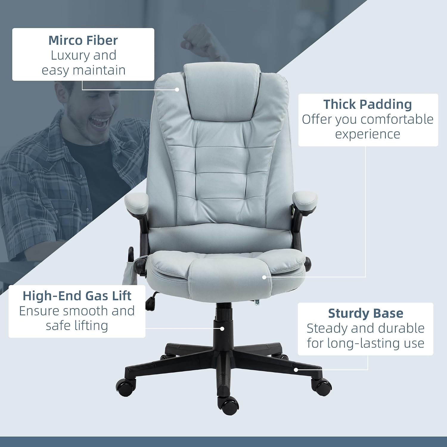 Vinsetto 6 Point Vibrating Massage Office Chair with Heat, Microfiber High Back Executive Office Chair with Reclining Backrest, Padded Armrests and Remote, Light Gray