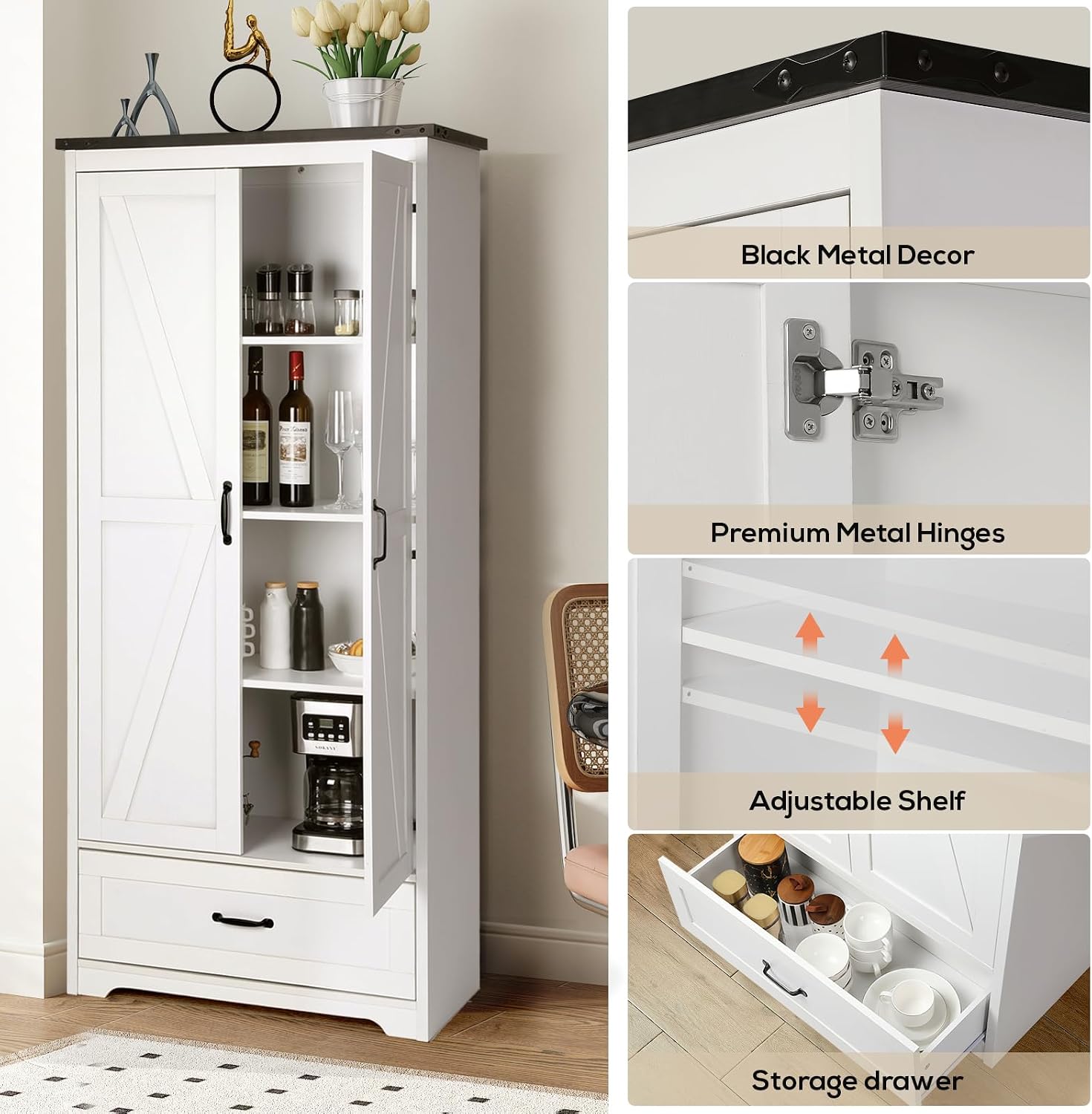 VOWNER 71" Tall Kitchen Pantry with Adjustable Shelves, Large Wood Storage Cabinet with Drawer & 2 Barn Doors, Versatile Modern Farmhouse Storage Cabinet for Kitchen, Dining Room, Living Room, White