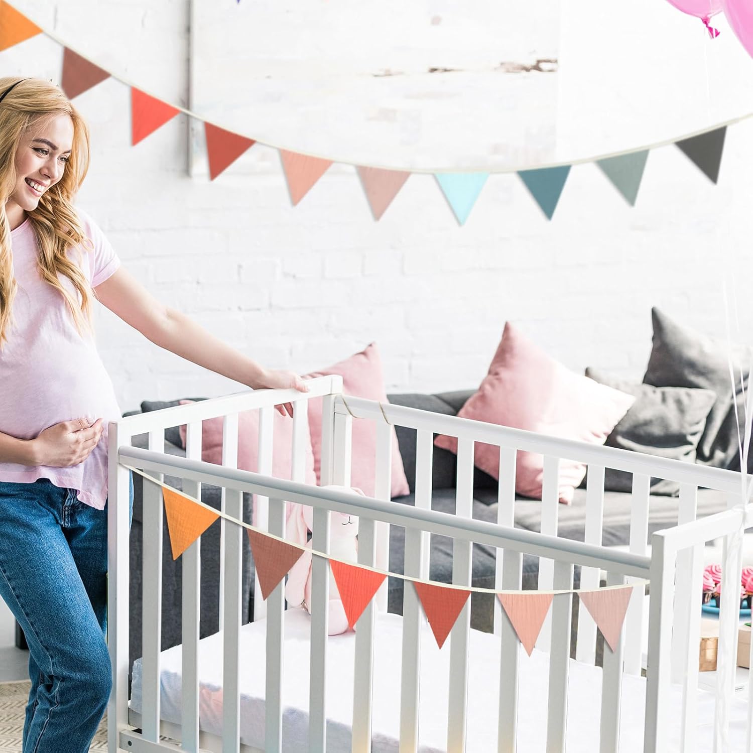 Oudain 2 Pcs Pennant Banner Flags Nursery Garland Triangle Bunting Flags Playroom Wall Decor Banner for Nursery Baby Shower Birthday Boho Wedding Party Event, Each 7.75 ft(Mixed Color)