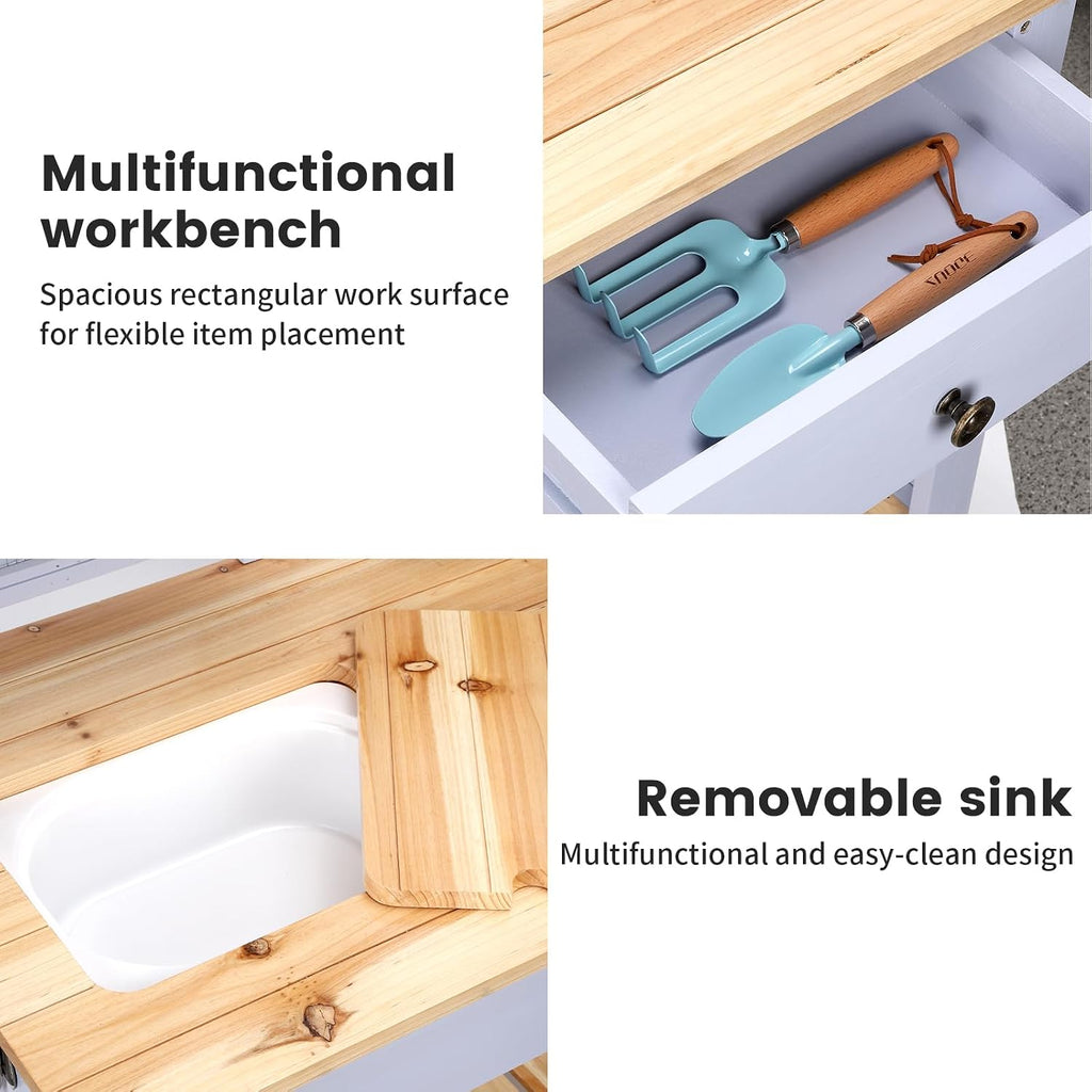 Potting Bench Outdoor Potting Table—Outdoor Kitchen for Kids, Solid Wood Garden Work Station with Sink、Drawer、Hooks、3Flower Pots, Weather Proof