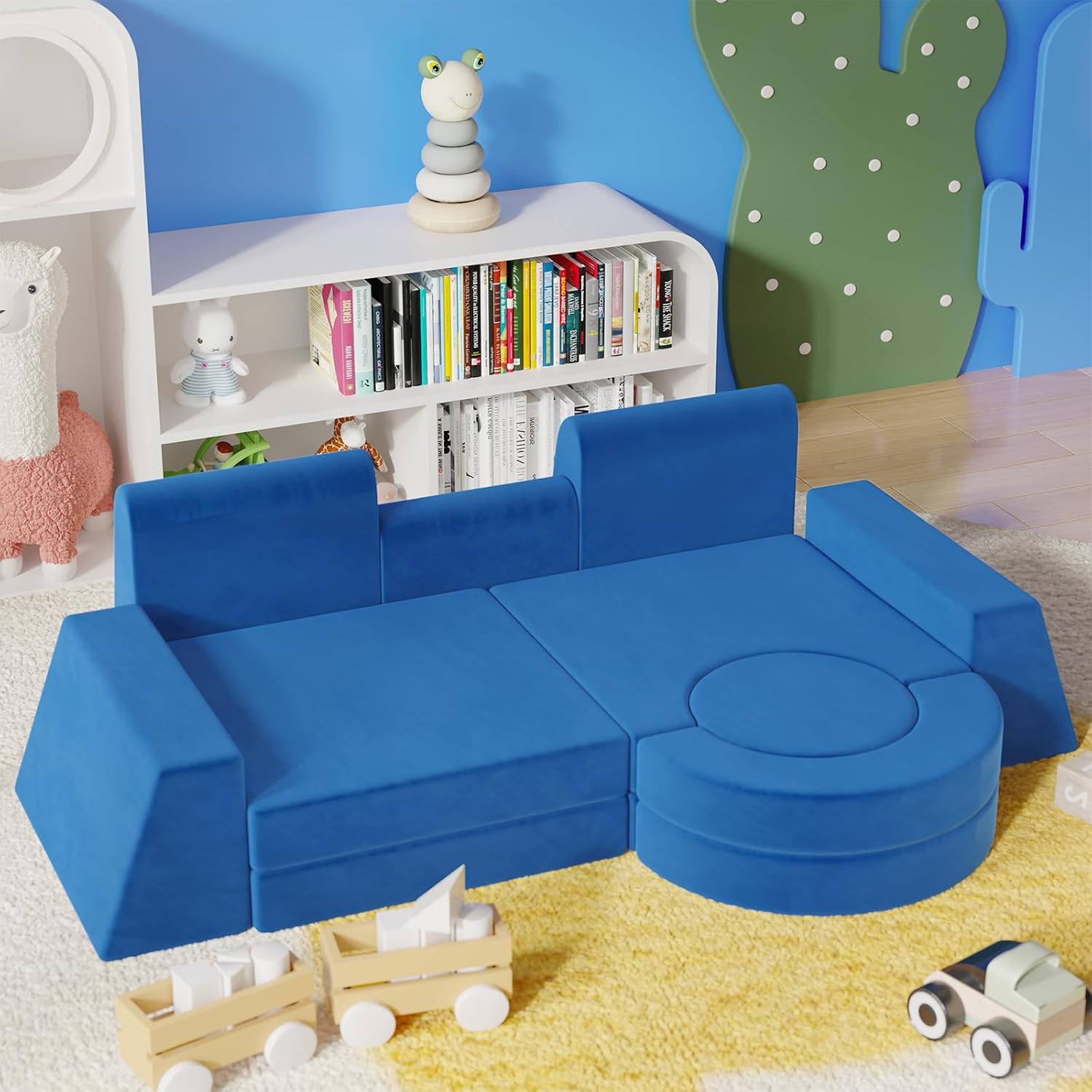 Kids Play Couch 13PCS, Modular Floor Sofa Couch, Playroom Play Cushion Set for Boys and Girls, Convertible Foam Play Couch (Dark Blue)
