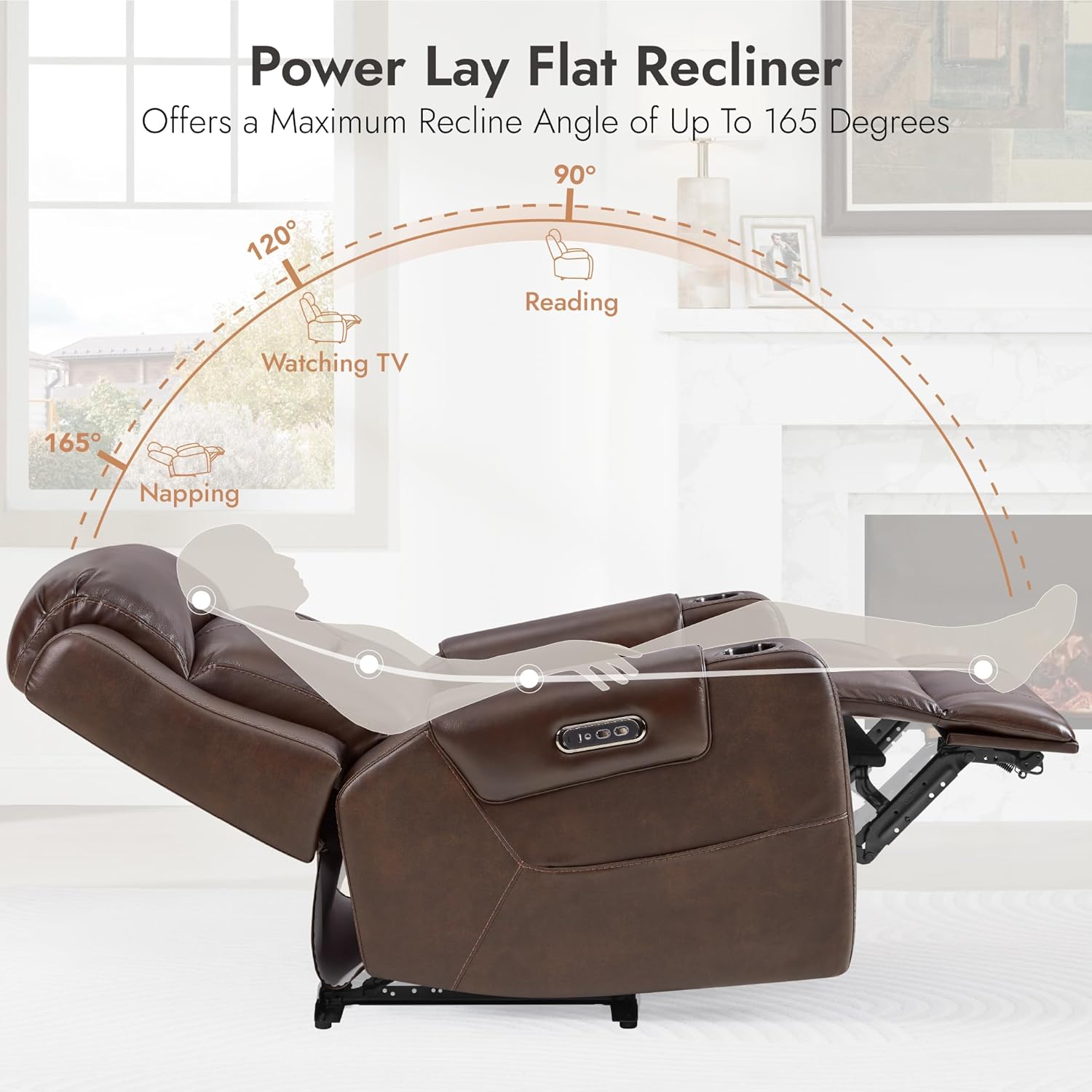 Watson & Whitely Oversized Genuine Leather Power Recliner Chairs for Big and Tall, Extra Wide Lay Flat Recliner with Power Headrest & Cup Holders, Electric Reclining Sofa for Living Room, Dark Brown