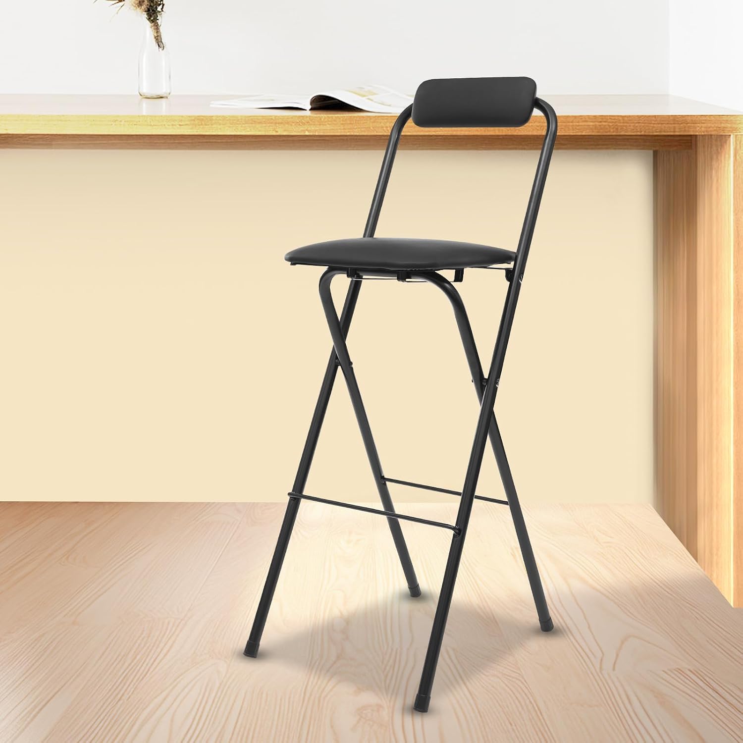 Folding Bar Stool with Backrest, 39" Tall Folding Chair Counter Height Foldable Chairs Tall Bar Collapsible Stools for Adults Kitchen Guitar Shop Cafe Barstools (Black)