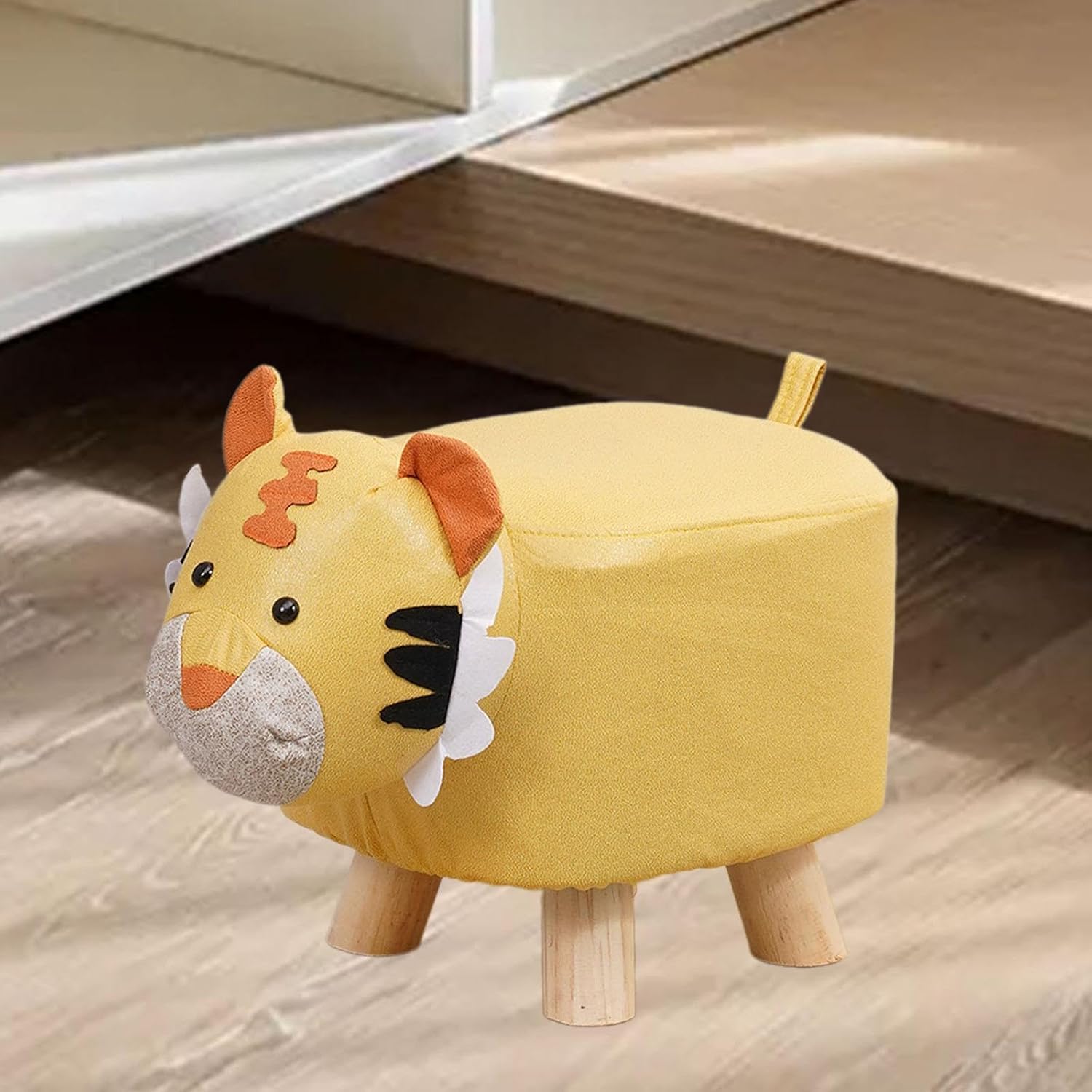 Cartoon Footstool Ottoman Animal Shaped Kids Stool Foot Stool Wooden Feet Cloth Fabric Comfortable Seating Suitable for Children Room Bedroom Nur, Yellow Tiger