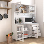 74.8" Tall Kitchen Pantry Storage Cabinet, Modern Food Pantry Cabinet with Microwave Stand Wooden Kitchen Hutch Cabinet with 4 Doors, 4 Drawers and 3 Hooks for Dining Room, White