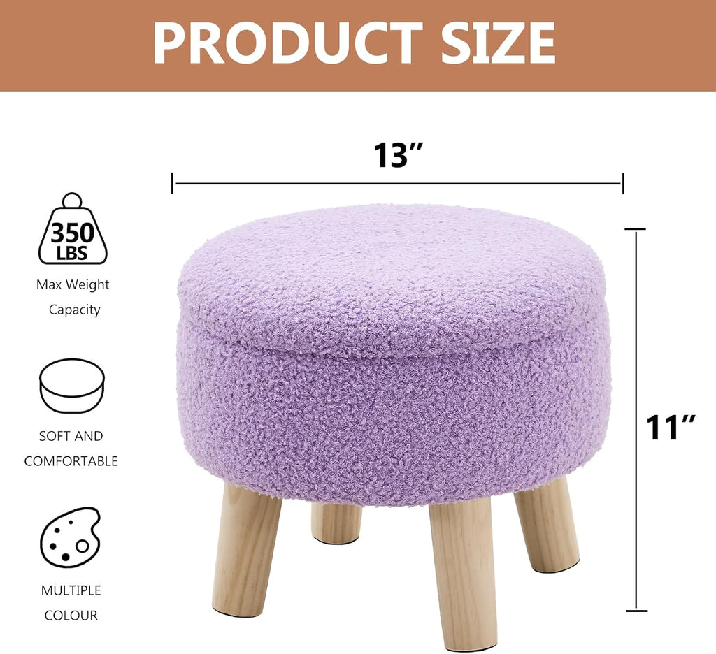 Wimarsbon Storage Ottoman, Modern Round Footrest with Soft Padded Seat, Teddy Velvet Footstool with Wood Legs, Accent Small Table or Plant Stand for Hallway, Living Room (Purple)