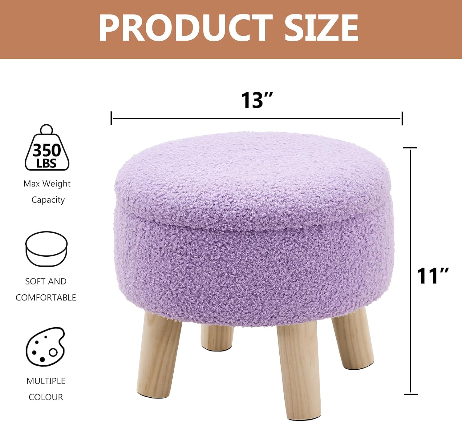 Wimarsbon Storage Ottoman, Modern Round Footrest with Soft Padded Seat, Teddy Velvet Footstool with Wood Legs, Accent Small Table or Plant Stand for Hallway, Living Room (Purple)