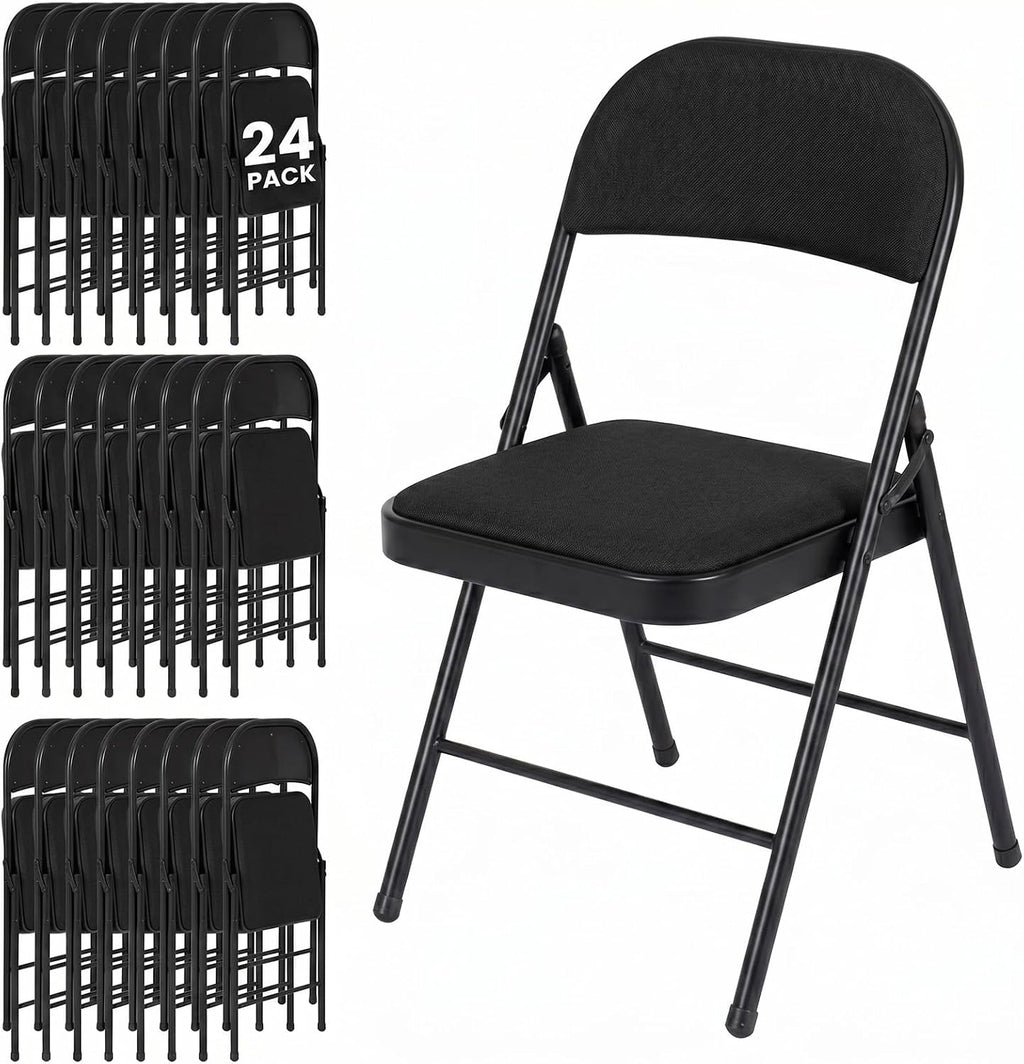 24 Pack Folding Chairs, Fabric Dining Chair Set with Padded Cushion and Back, Indoor Outdoor Seat for Home Office, Parties, Events, Wedding, Extra Guest Seating, Obsidian Black