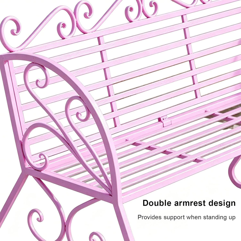 Outdoor Garden Bench with Curved Armrests, 440lbs Load Capacity Waterproof Iron Seating, Ideal for Courtyard Park and Porch(Pink)