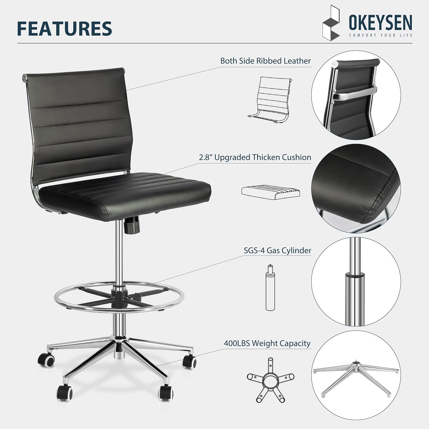 Okeysen Drafting Chair Armless Desk Stool, 400 LBS Ergonomic Leather Tall Office Chair with Adjustable Foot Ring, Modern Standing Desk Chair with Ribbed Mid Back, Swivel Rolling Drafting Stool.