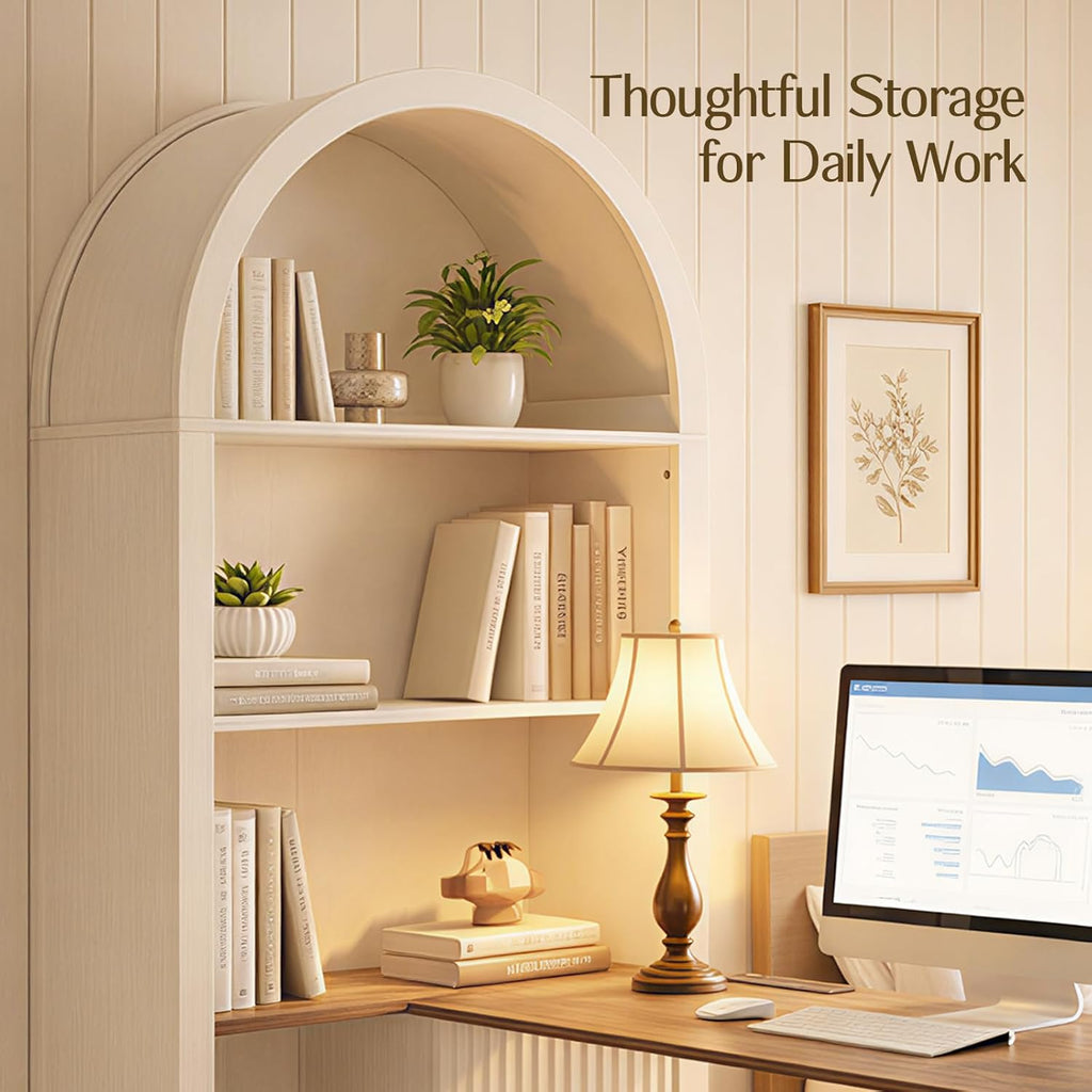 NORTHSKY 61" L Shaped Desk with Arched Hutch, White Corner Computer Desk with Power Outlets, 3 Drawers, File Cabinet and Sliding Door Storage for Home Office