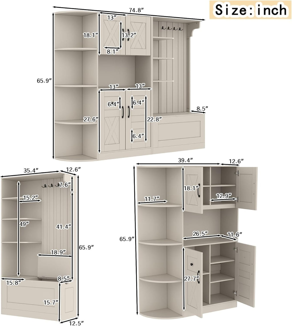 KEIKI Multifunction Entryway Storage Cabinet Set with Bench, Modular Hallway Organizer with Hooks, Open Shelves, Hidden Storage, Farmhouse Accent Cabinet for Living Room, Kitchen, Entryway, Beige