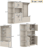 KEIKI Multifunction Entryway Storage Cabinet Set with Bench, Modular Hallway Organizer with Hooks, Open Shelves, Hidden Storage, Farmhouse Accent Cabinet for Living Room, Kitchen, Entryway, Beige
